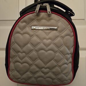 Betsey Johnson Heart Quilted Backpack in Gray and Black with Pink Trim